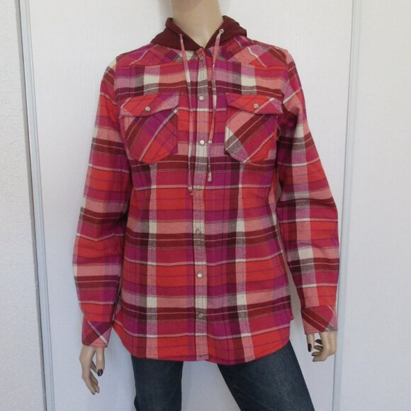 Legendary Whitetails Shacket Size Medium Pink Plaid Hooded Button-Up - Picture 4 of 10